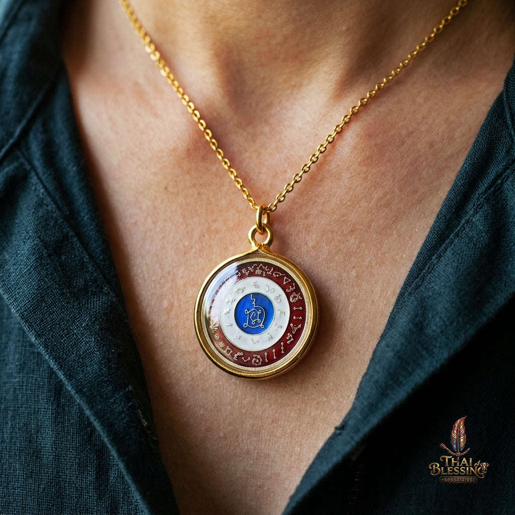 Authentic Thai Astrological Amulet "Rian Nun Duang Maha Chok Rap Sap BE 2562" - Supreme Destiny Elevation, Thai Flag Enamel Alpaca, Zodiac Fortune & Wealth Magnet