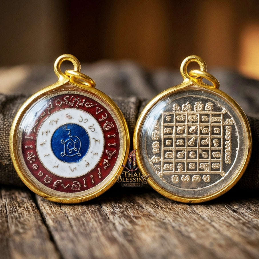 Authentic Thai Astrological Amulet "Rian Nun Duang Maha Chok Rap Sap BE 2562" - Supreme Destiny Elevation, Thai Flag Enamel Alpaca, Zodiac Fortune & Wealth Magnet