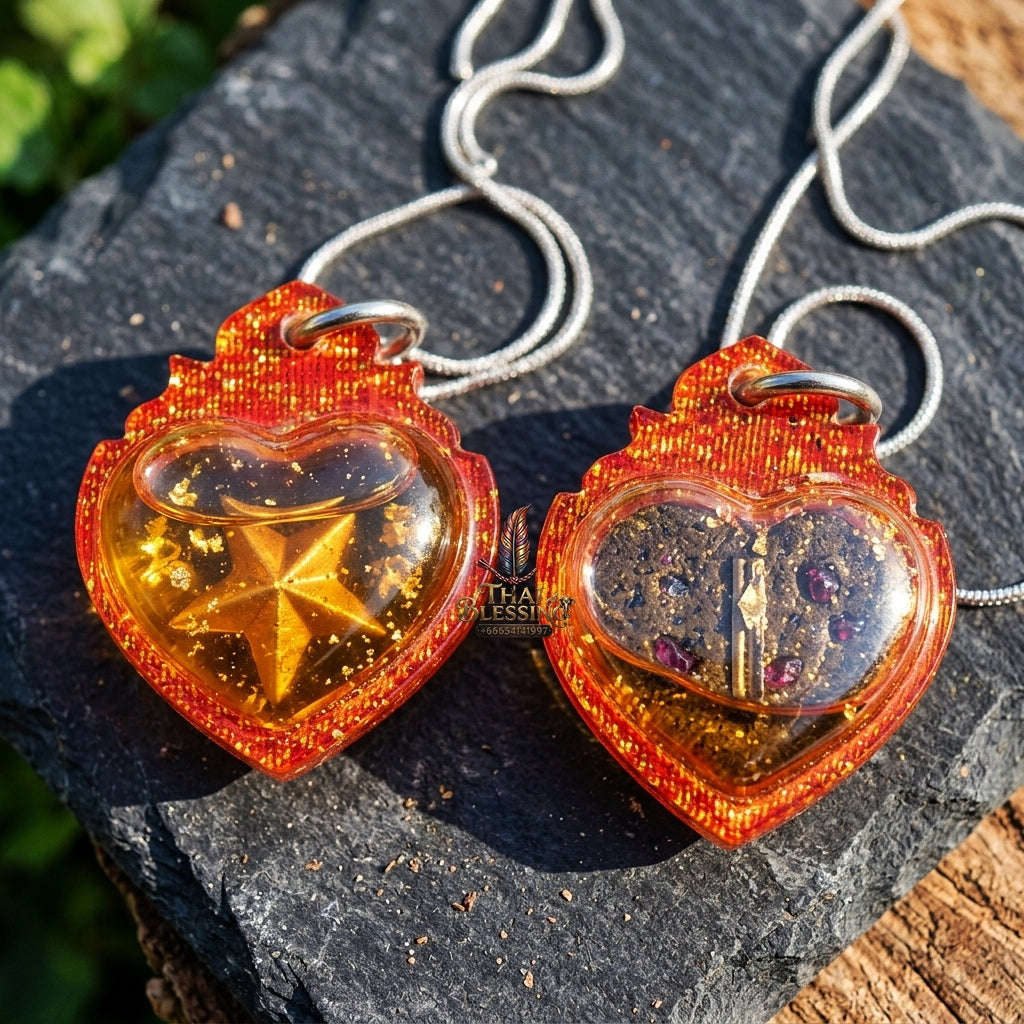 Authentic Thai Attraction Amulet "Dao Huachai Nari Mystical Heart Star Pendant Encased in Sacred Charm Oil & Red-Orange Glitter Frame"