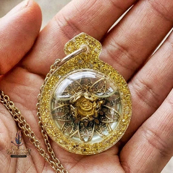 Authentic Thai Attraction Amulet "Dokmai Sane Golden Sacred Flower Pendant Encased in Consecrated Charm Oil & Gold Glitter Frame" Thai Blessing Co By RURUECHA