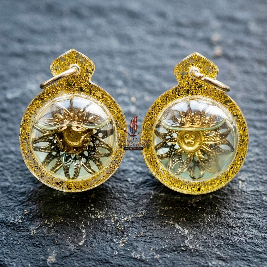 Authentic Thai Attraction Amulet "Dokmai Sane Golden Sacred Flower Pendant Encased in Consecrated Charm Oil & Gold Glitter Frame" Thai Blessing Co By RURUECHA