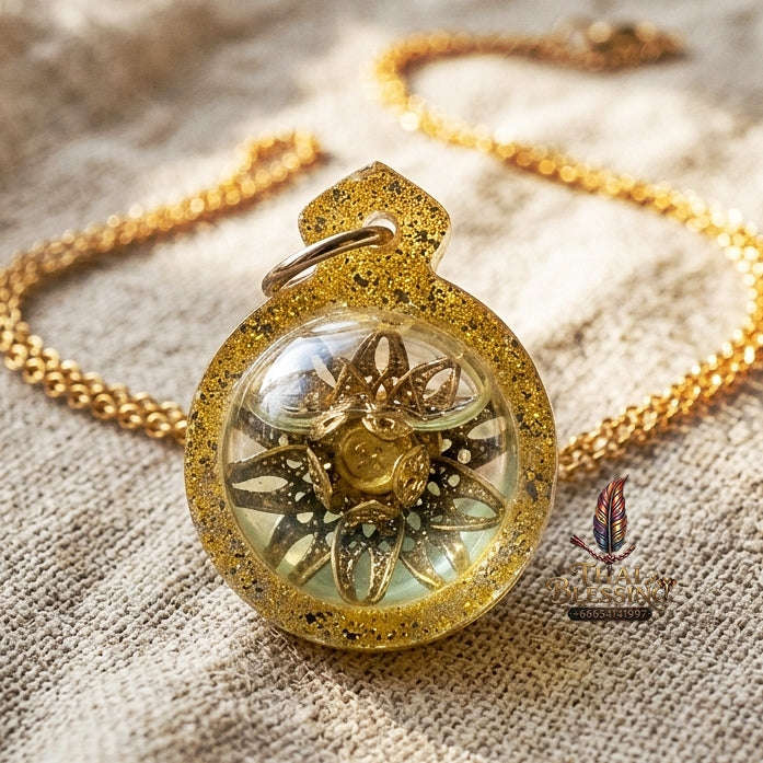 Authentic Thai Attraction Amulet "Dokmai Sane Golden Sacred Flower Pendant Encased in Consecrated Charm Oil & Gold Glitter Frame" Thai Blessing Co By RURUECHA