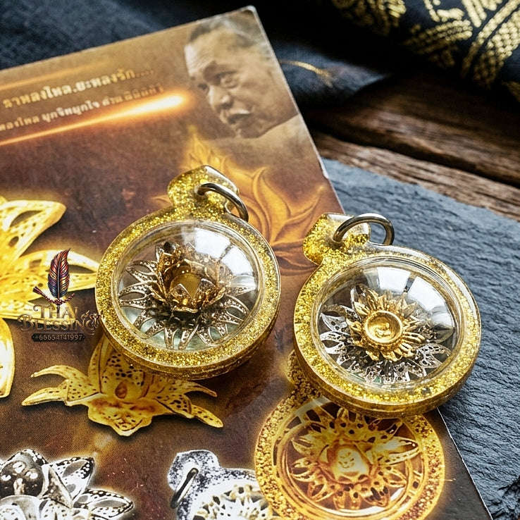 Authentic Thai Attraction Amulet "Dokmai Sane Golden Sacred Flower Pendant Encased in Consecrated Charm Oil & Gold Glitter Frame" Thai Blessing Co By RURUECHA