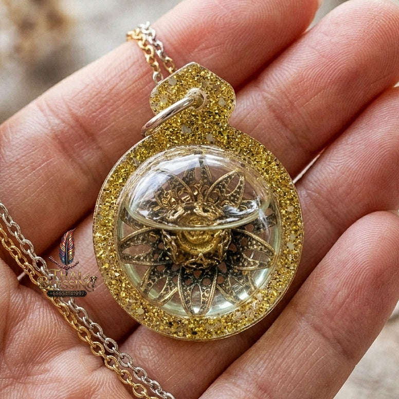Authentic Thai Attraction Amulet "Dokmai Sane Golden Sacred Flower Pendant Encased in Consecrated Charm Oil & Gold Glitter Frame" Thai Blessing Co By RURUECHA