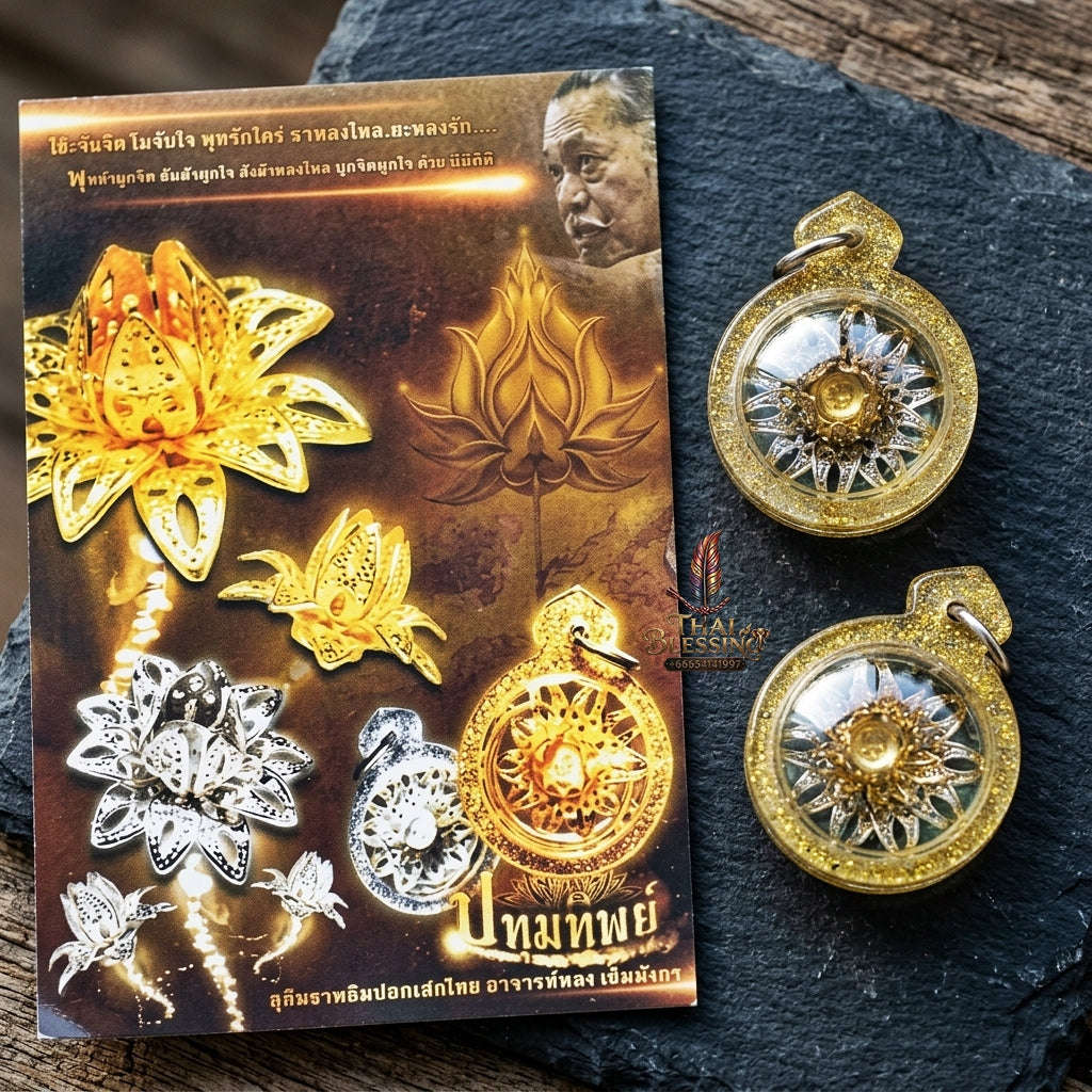 Authentic Thai Attraction Amulet "Dokmai Sane Golden Sacred Flower Pendant Encased in Consecrated Charm Oil & Gold Glitter Frame" Thai Blessing Co By RURUECHA