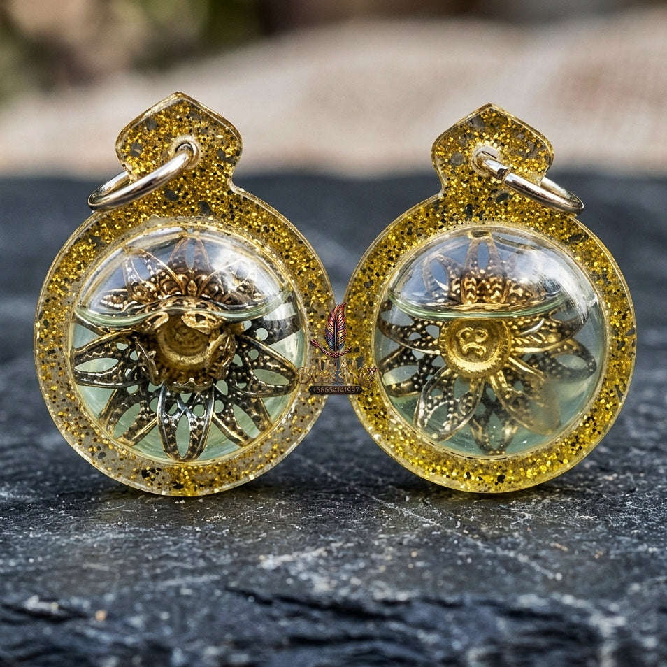Authentic Thai Attraction Amulet "Dokmai Sane Golden Sacred Flower Pendant Encased in Consecrated Charm Oil & Gold Glitter Frame" Thai Blessing Co By RURUECHA