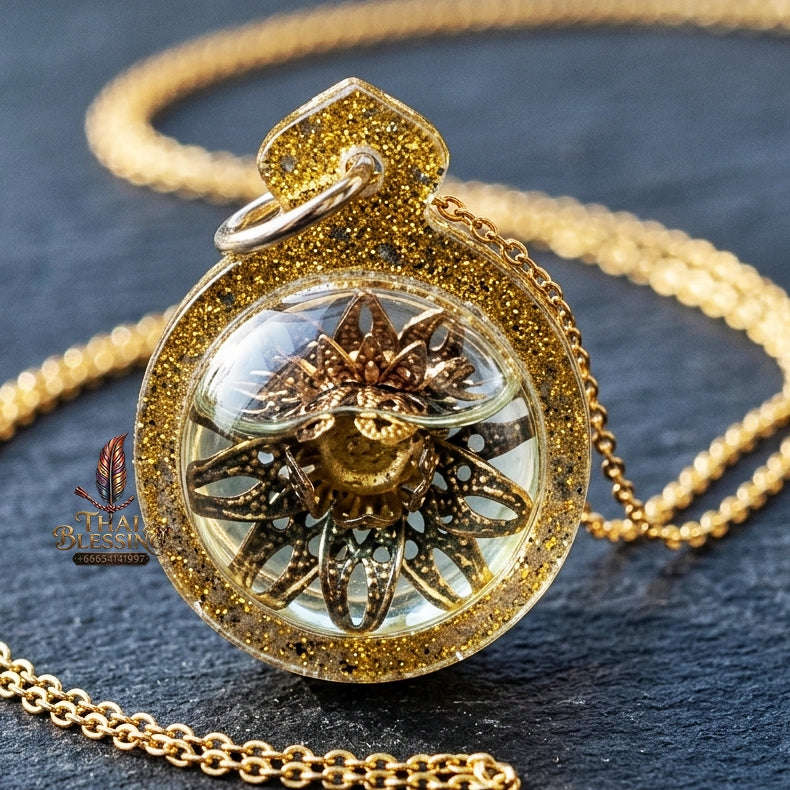 Authentic Thai Attraction Amulet "Dokmai Sane Golden Sacred Flower Pendant Encased in Consecrated Charm Oil & Gold Glitter Frame" Thai Blessing Co By RURUECHA