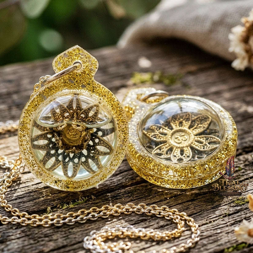 Authentic Thai Attraction Amulet "Dokmai Sane Golden Sacred Flower Pendant Encased in Consecrated Charm Oil & Gold Glitter Frame" Thai Blessing Co By RURUECHA