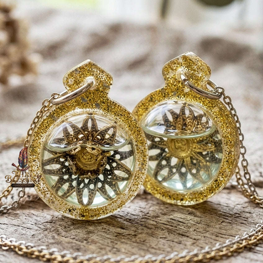 Authentic Thai Attraction Amulet "Dokmai Sane Golden Sacred Flower Pendant Encased in Consecrated Charm Oil & Gold Glitter Frame" Thai Blessing Co By RURUECHA
