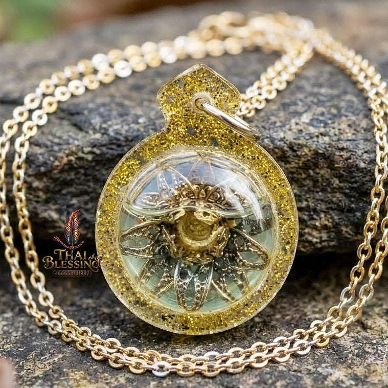 Authentic Thai Attraction Amulet "Dokmai Sane Golden Sacred Flower Pendant Encased in Consecrated Charm Oil & Gold Glitter Frame" Thai Blessing Co By RURUECHA
