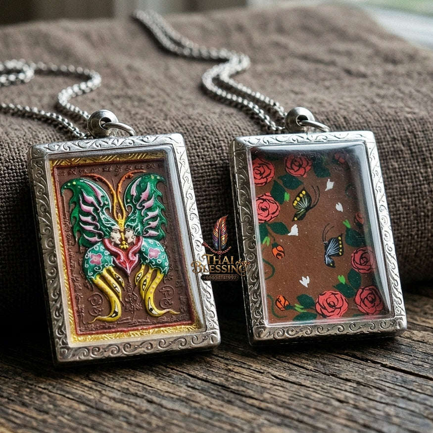Authentic Thai Butterfly King Amulet "Thep Chamlaeng Pamorn Emerald Green Hand-Painted Divine Butterfly Pendant in Silver Frame" Consecrated by Khru Ba Krissana, Asom Sathan Suan Phut Sat B.E. 2556 (2013)