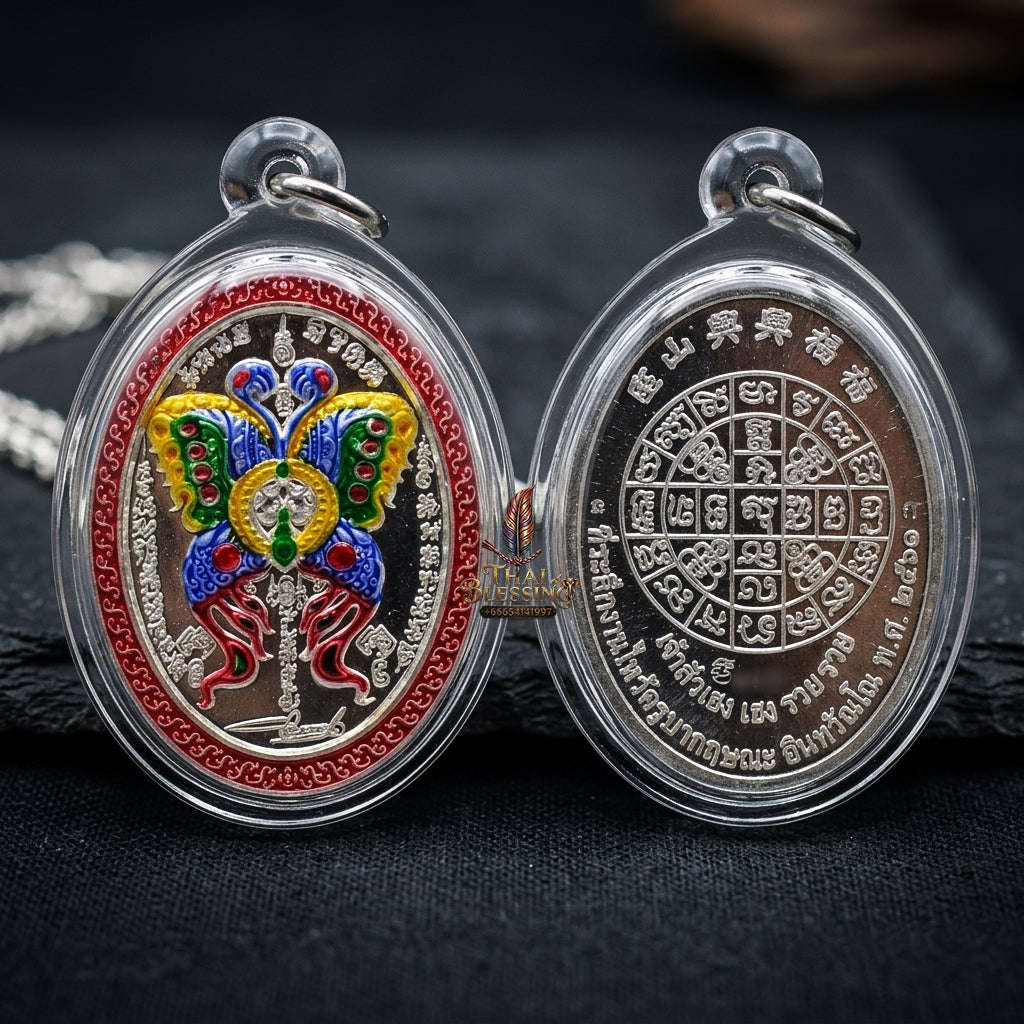 Authentic Thai Butterfly King Amulet "Thep Jamlaeng Phamorn BE 2561" - Sacred Solid Silver Enamel Charm Medallion Thai Blessing Co By RURUECHA