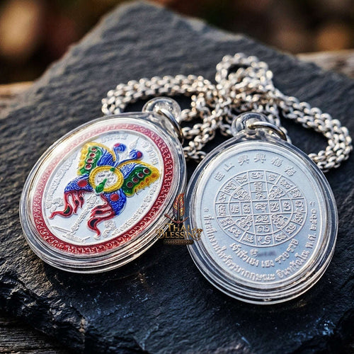 Authentic Thai Butterfly King Amulet "Thep Jamlaeng Phamorn BE 2561" - Sacred Solid Silver Enamel Charm Medallion Thai Blessing Co By RURUECHA