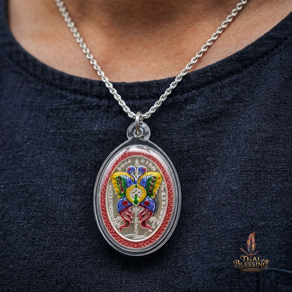 Authentic Thai Butterfly King Amulet "Thep Jamlaeng Phamorn BE 2561" - Sacred Solid Silver Enamel Charm Medallion Thai Blessing Co By RURUECHA