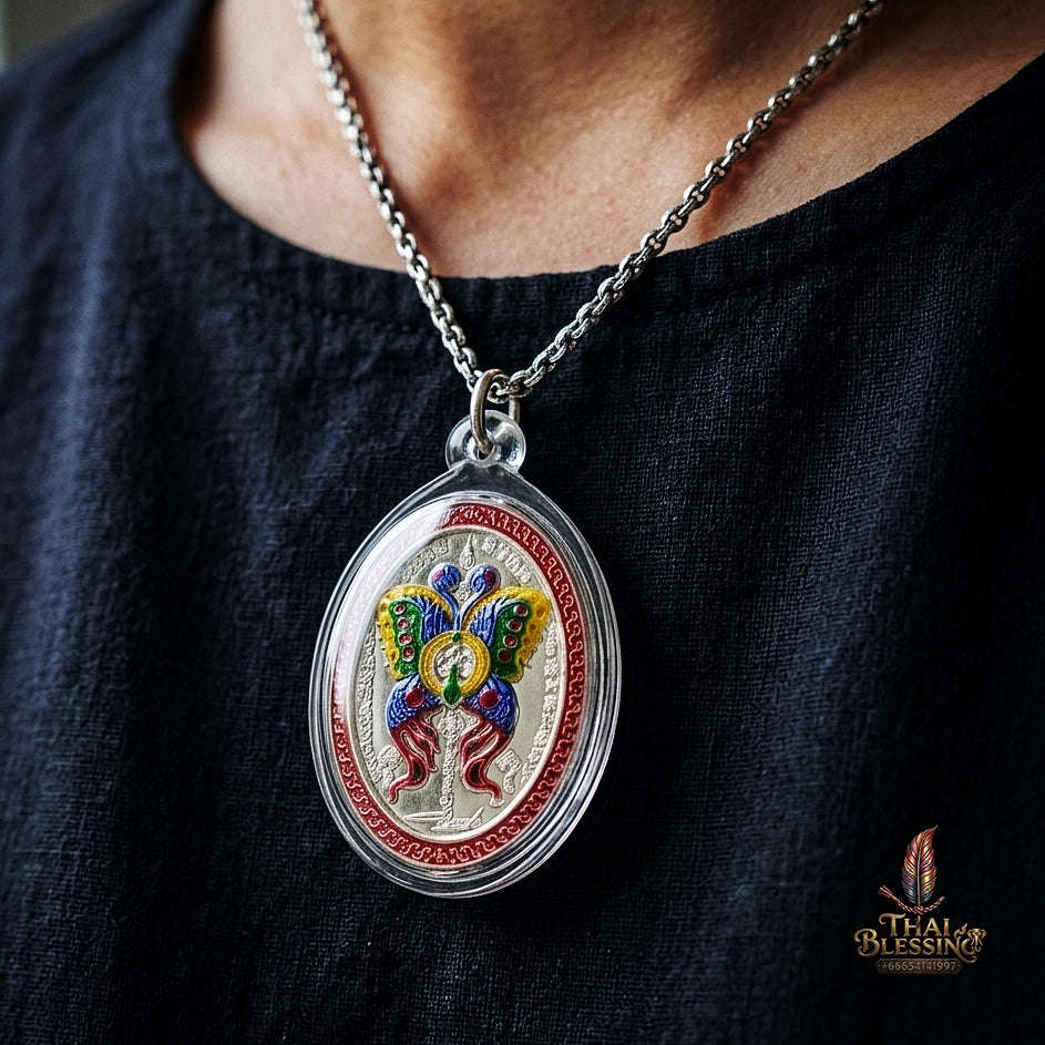 Authentic Thai Butterfly King Amulet "Thep Jamlaeng Phamorn BE 2561" - Sacred Solid Silver Enamel Charm Medallion Thai Blessing Co By RURUECHA