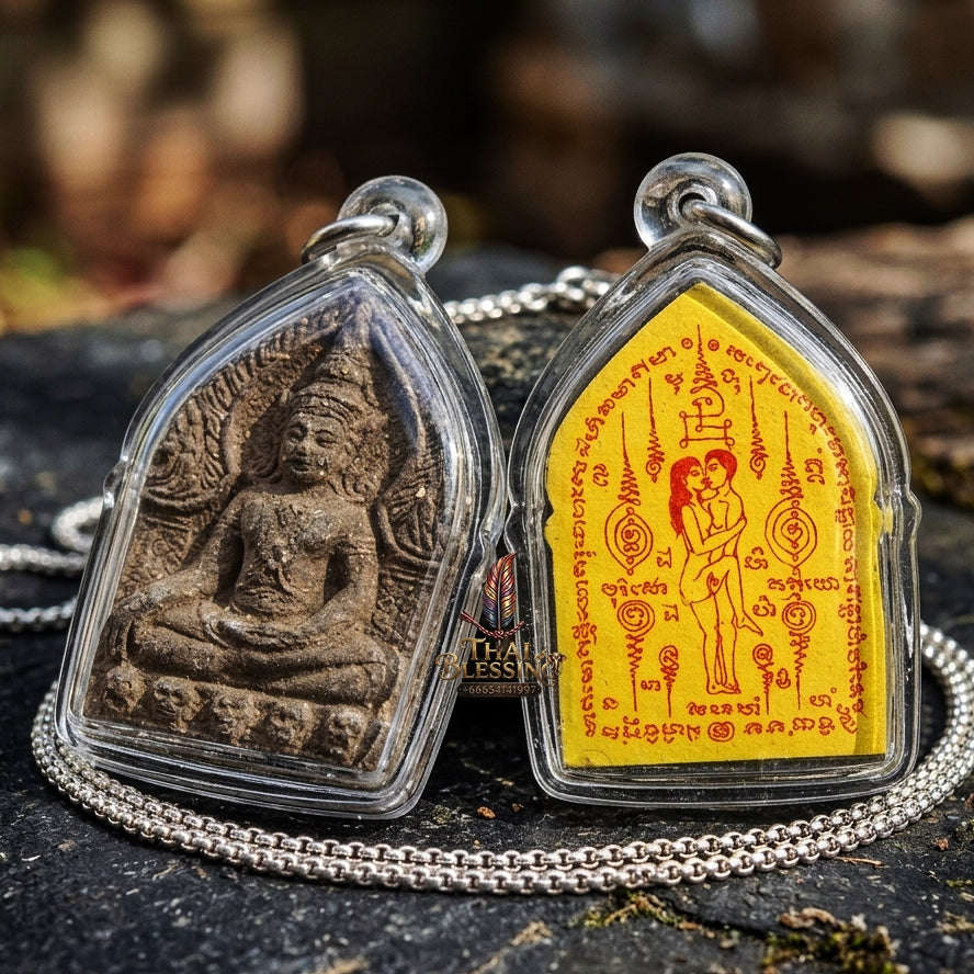 Authentic Thai Charm Amulet "Khun Phaen Khot Saneh BE 2554" - Black Herbal Powder & Yellow Embracing Lovers Yantra Card Thai Blessing Co By RURUECHA