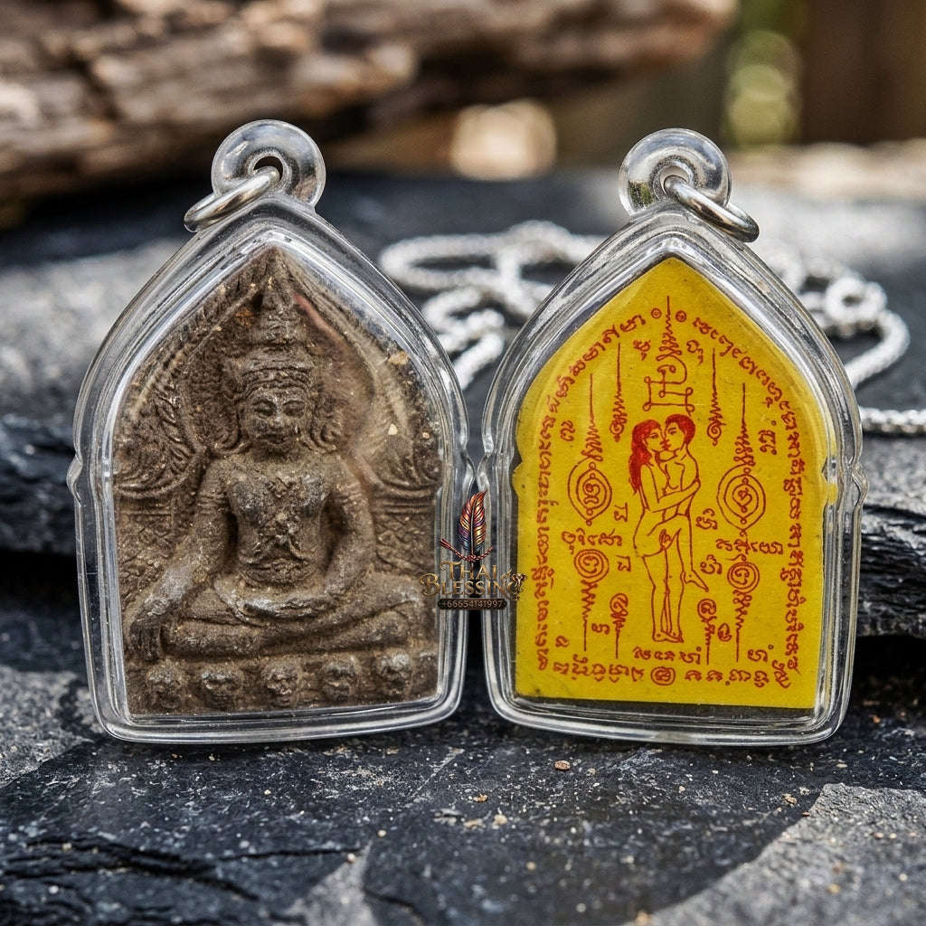 Authentic Thai Charm Amulet "Khun Phaen Khot Saneh BE 2554" - Black Herbal Powder & Yellow Embracing Lovers Yantra Card Thai Blessing Co By RURUECHA