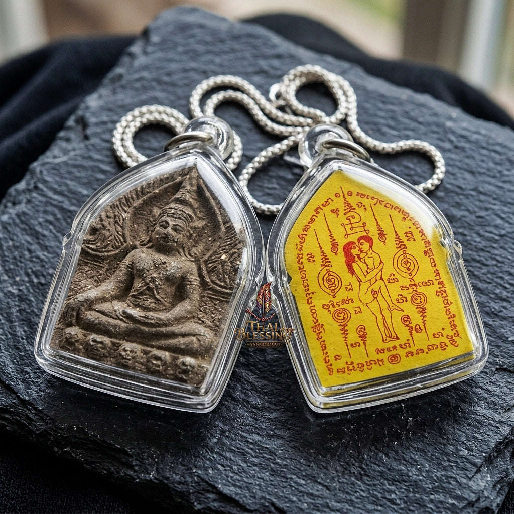 Authentic Thai Charm Amulet "Khun Phaen Khot Saneh BE 2554" - Black Herbal Powder & Yellow Embracing Lovers Yantra Card Thai Blessing Co By RURUECHA
