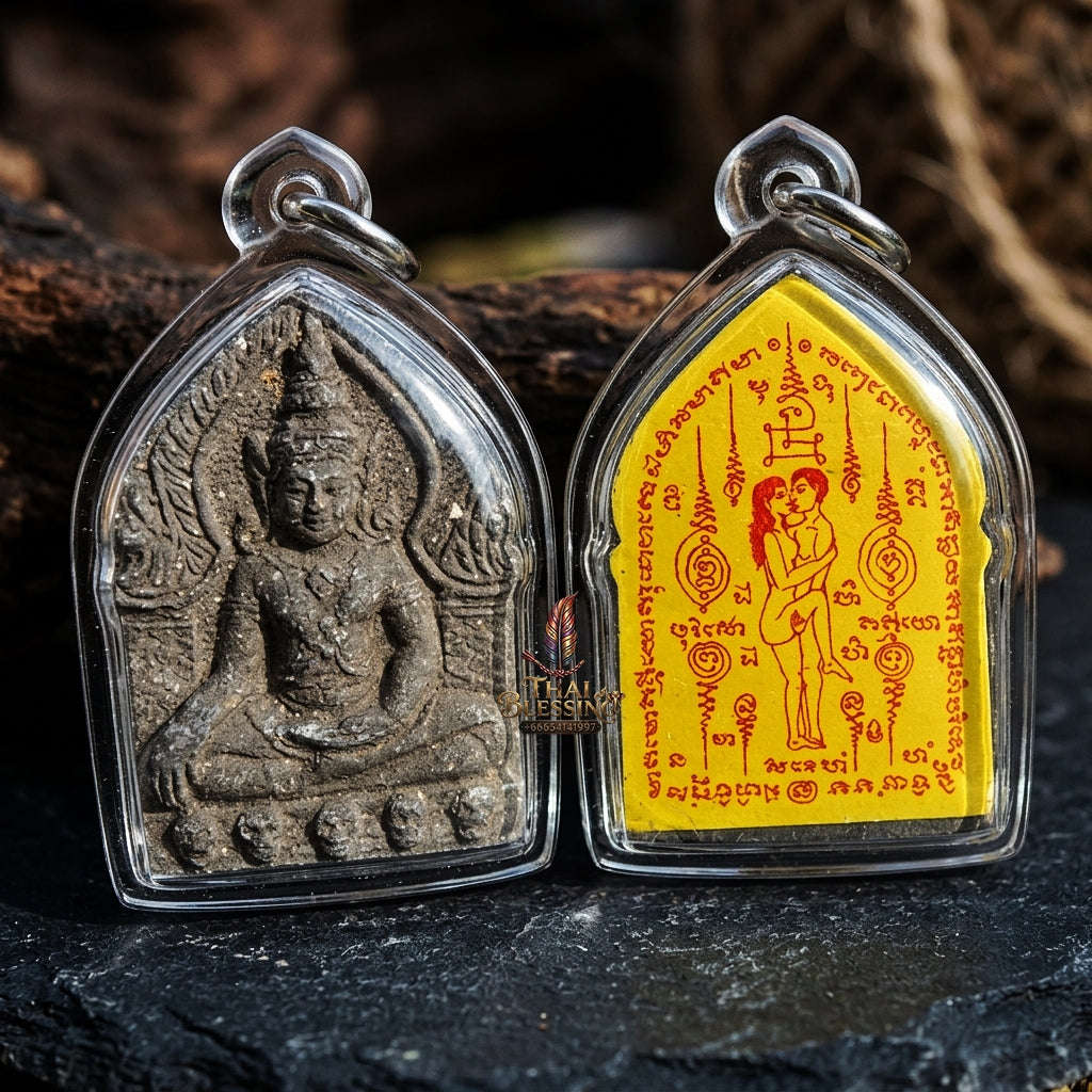 Authentic Thai Charm Amulet "Khun Phaen Khot Saneh BE 2554" - Black Herbal Powder & Yellow Embracing Lovers Yantra Card Thai Blessing Co By RURUECHA