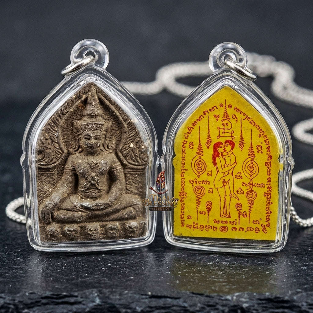 Authentic Thai Charm Amulet "Khun Phaen Khot Saneh BE 2554" - Black Herbal Powder & Yellow Embracing Lovers Yantra Card Thai Blessing Co By RURUECHA