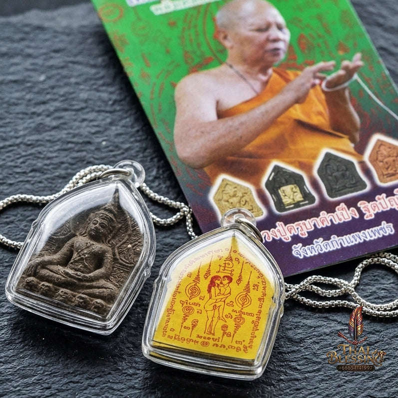 Authentic Thai Charm Amulet "Khun Phaen Khot Saneh BE 2554" - Black Herbal Powder & Yellow Embracing Lovers Yantra Card Thai Blessing Co By RURUECHA