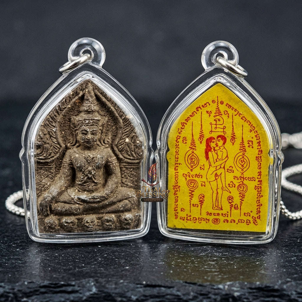Authentic Thai Charm Amulet "Khun Phaen Khot Saneh BE 2554" - Black Herbal Powder & Yellow Embracing Lovers Yantra Card Thai Blessing Co By RURUECHA