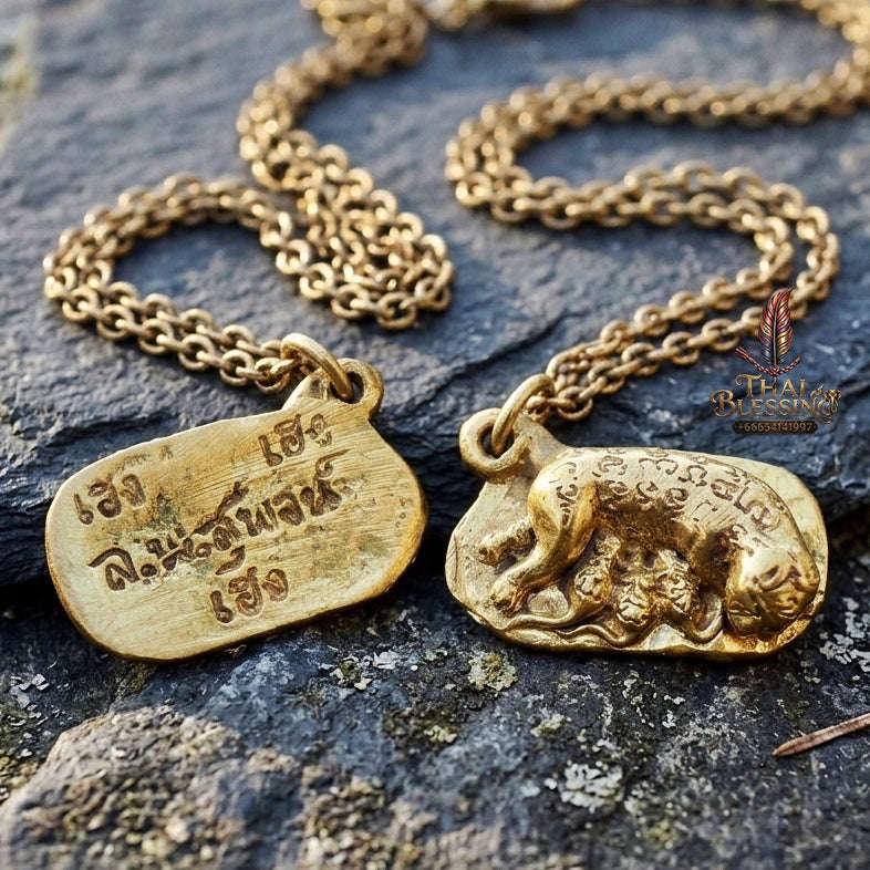 Authentic Thai Charm Amulet "Nhu Dud Nom Maew Heng Heng Heng BE 2553" - Mixed Brass Mouse Drinking Cat Milk Talisman Thai Blessing Co By RURUECHA