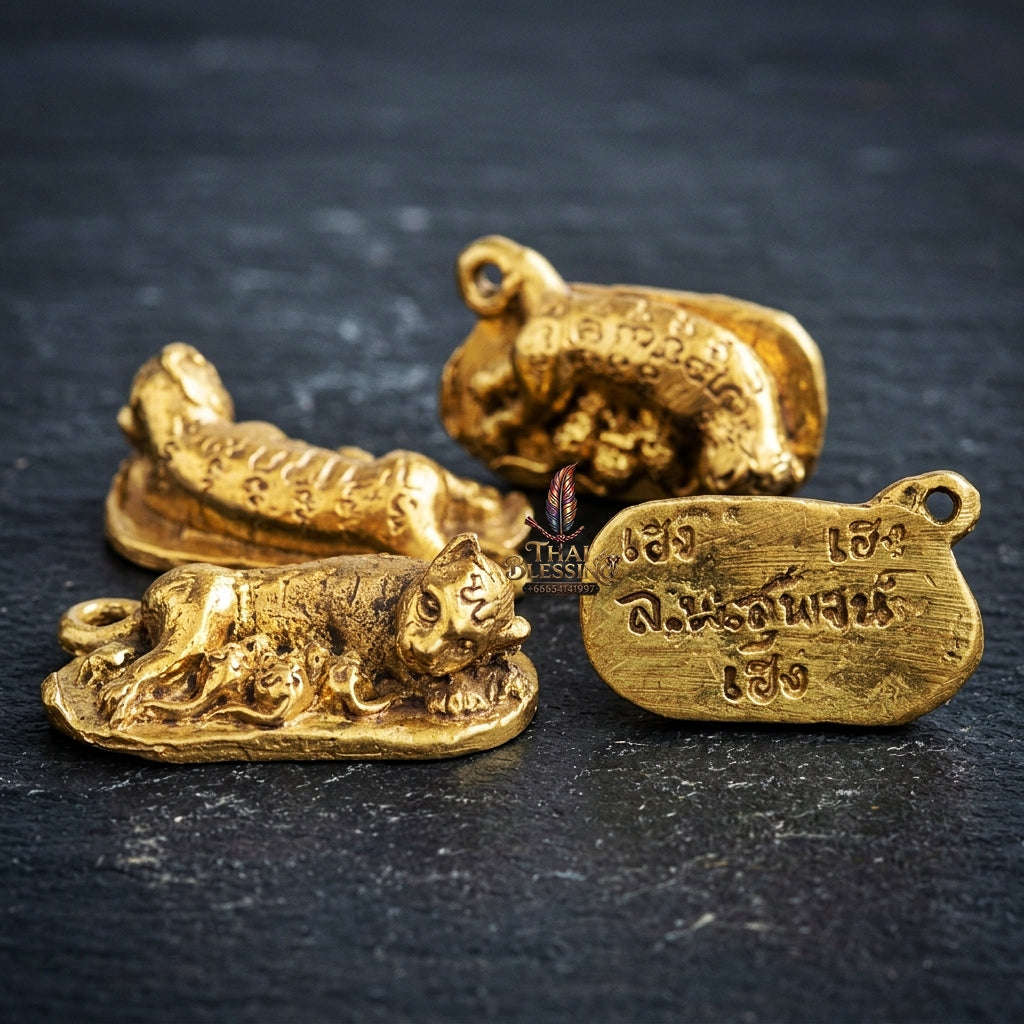 Authentic Thai Charm Amulet "Nhu Dud Nom Maew Heng Heng Heng BE 2553" - Mixed Brass Mouse Drinking Cat Milk Talisman Thai Blessing Co By RURUECHA