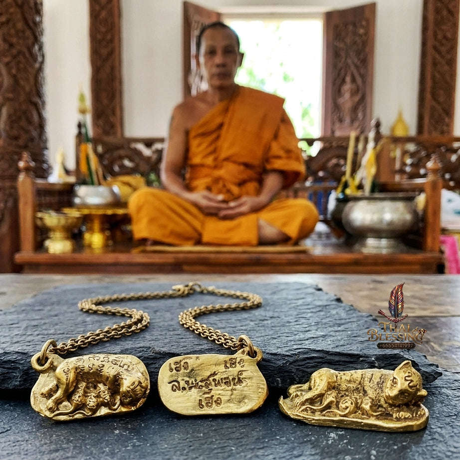 Authentic Thai Charm Amulet "Nhu Dud Nom Maew Heng Heng Heng BE 2553" - Mixed Brass Mouse Drinking Cat Milk Talisman Thai Blessing Co By RURUECHA