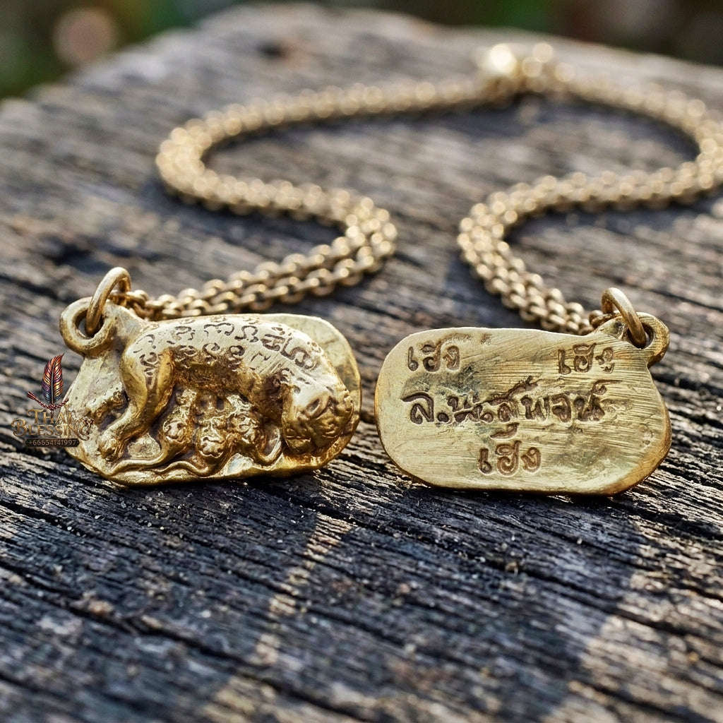 Authentic Thai Charm Amulet "Nhu Dud Nom Maew Heng Heng Heng BE 2553" - Mixed Brass Mouse Drinking Cat Milk Talisman Thai Blessing Co By RURUECHA