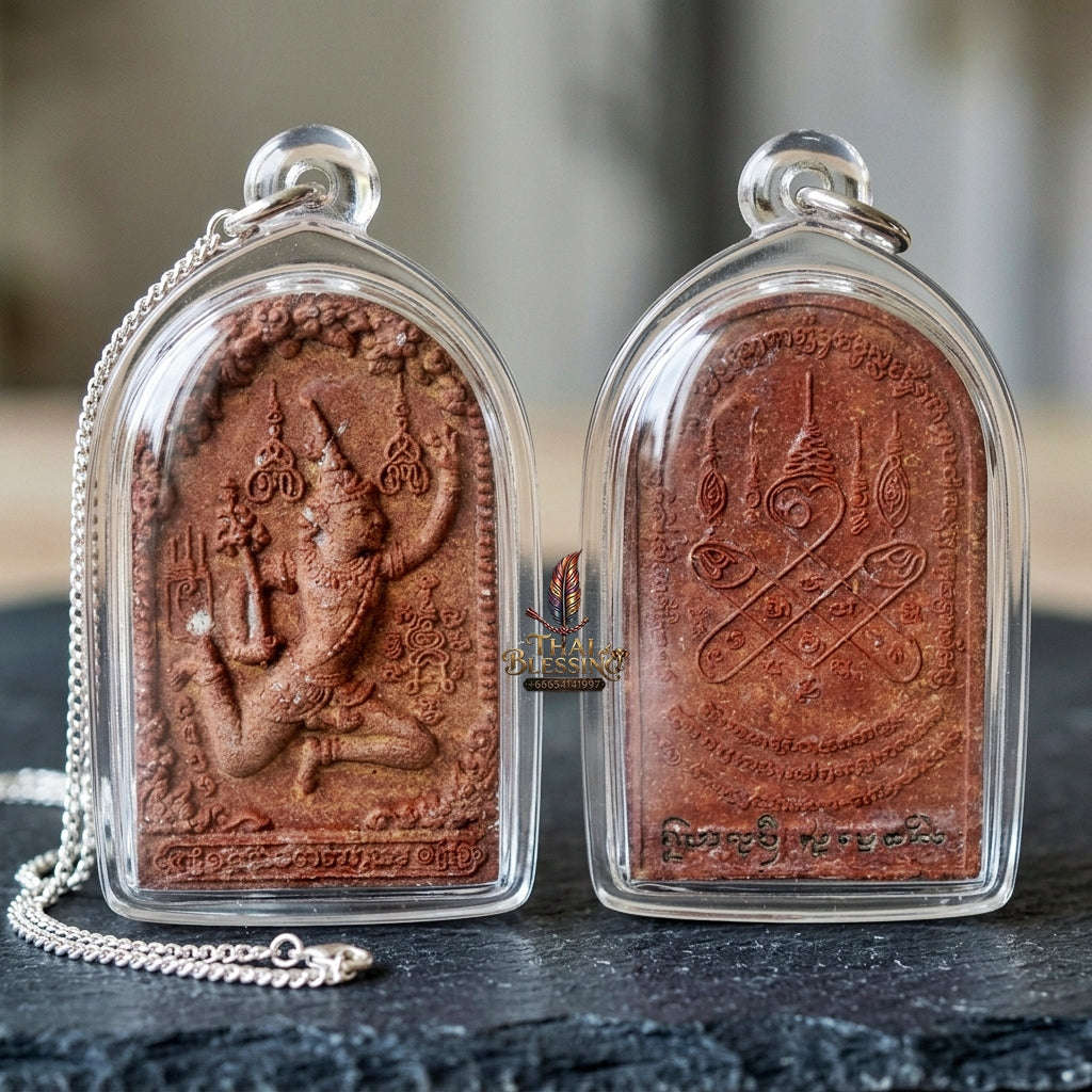 Authentic Thai Charm Amulet "Phet Phaya Thon BE 2551" - Red Rooster Herb Powder Angel Pendant in Sacred Red Oil Thai Blessing Co By RURUECHA