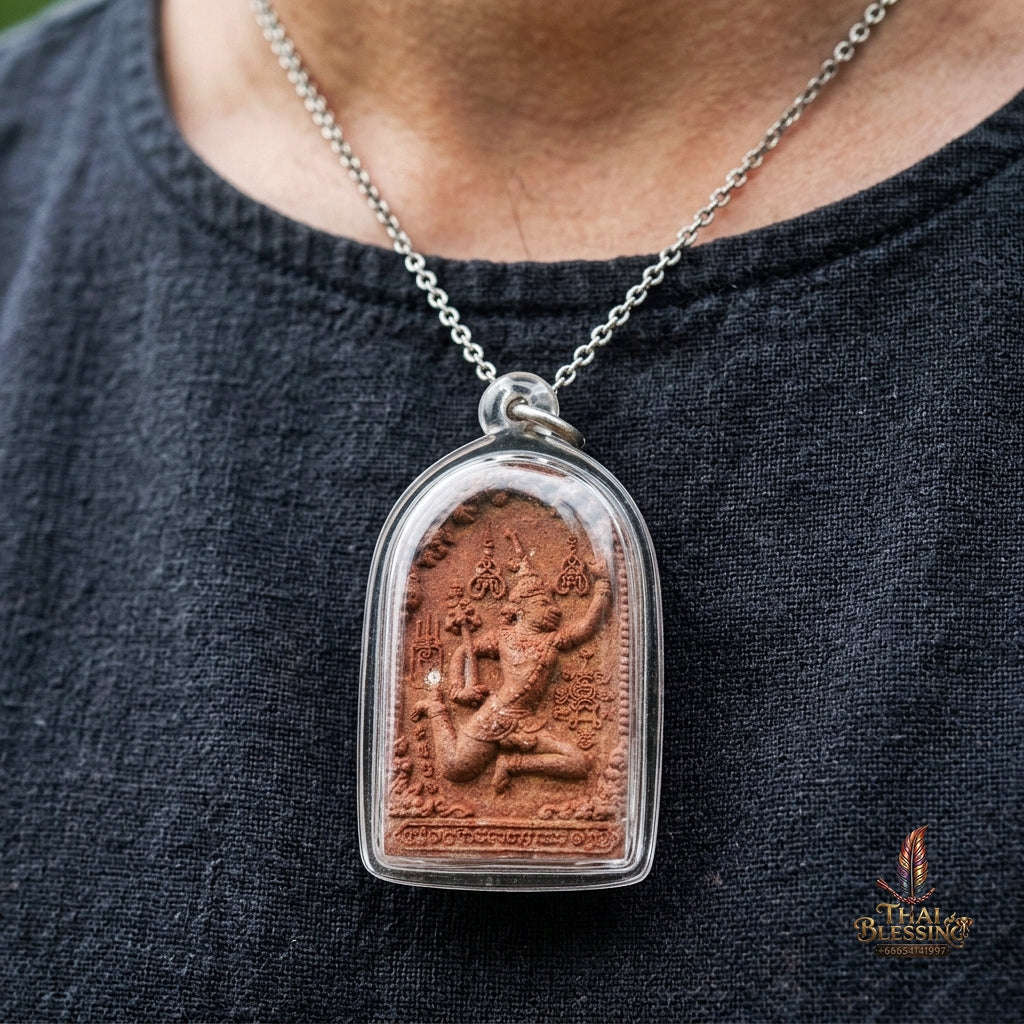 Authentic Thai Charm Amulet "Phet Phaya Thon BE 2551" - Red Rooster Herb Powder Angel Pendant in Sacred Red Oil Thai Blessing Co By RURUECHA