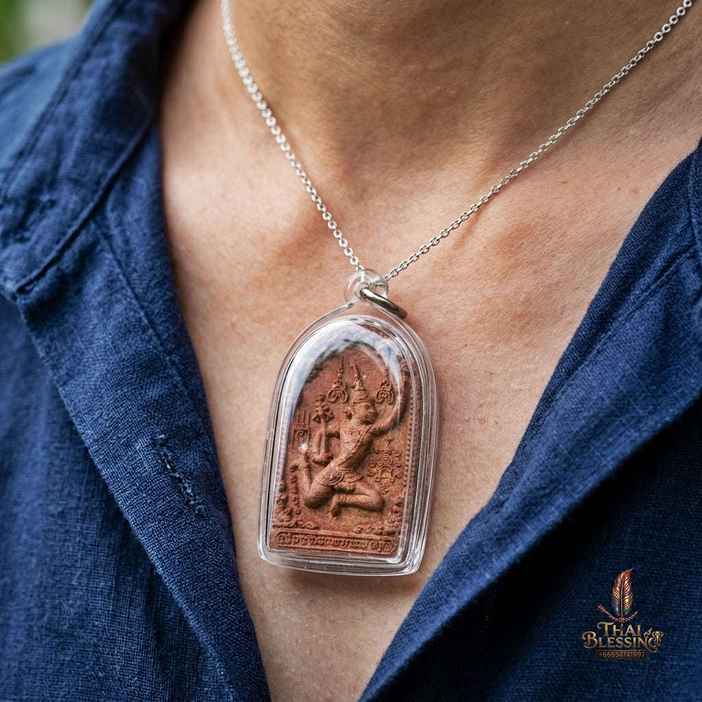 Authentic Thai Charm Amulet "Phet Phaya Thon BE 2551" - Red Rooster Herb Powder Angel Pendant in Sacred Red Oil Thai Blessing Co By RURUECHA