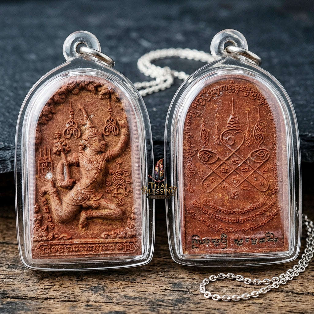 Authentic Thai Charm Amulet "Phet Phaya Thon BE 2551" - Red Rooster Herb Powder Angel Pendant in Sacred Red Oil Thai Blessing Co By RURUECHA