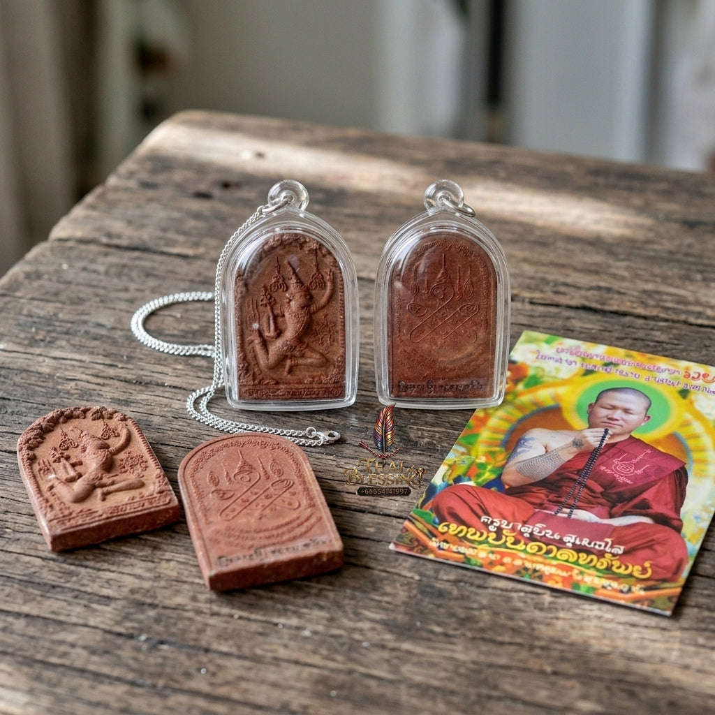 Authentic Thai Charm Amulet "Phet Phaya Thon BE 2551" - Red Rooster Herb Powder Angel Pendant in Sacred Red Oil Thai Blessing Co By RURUECHA