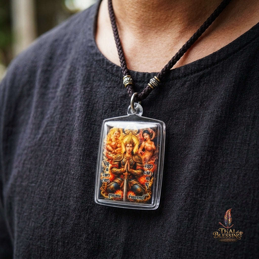 Authentic Thai Charm Locket "Khun Paen Rai Wet BE 2569" - Enamel Spellcaster Pendant with Kumanthong, Hong Phrai & 4 Takrut