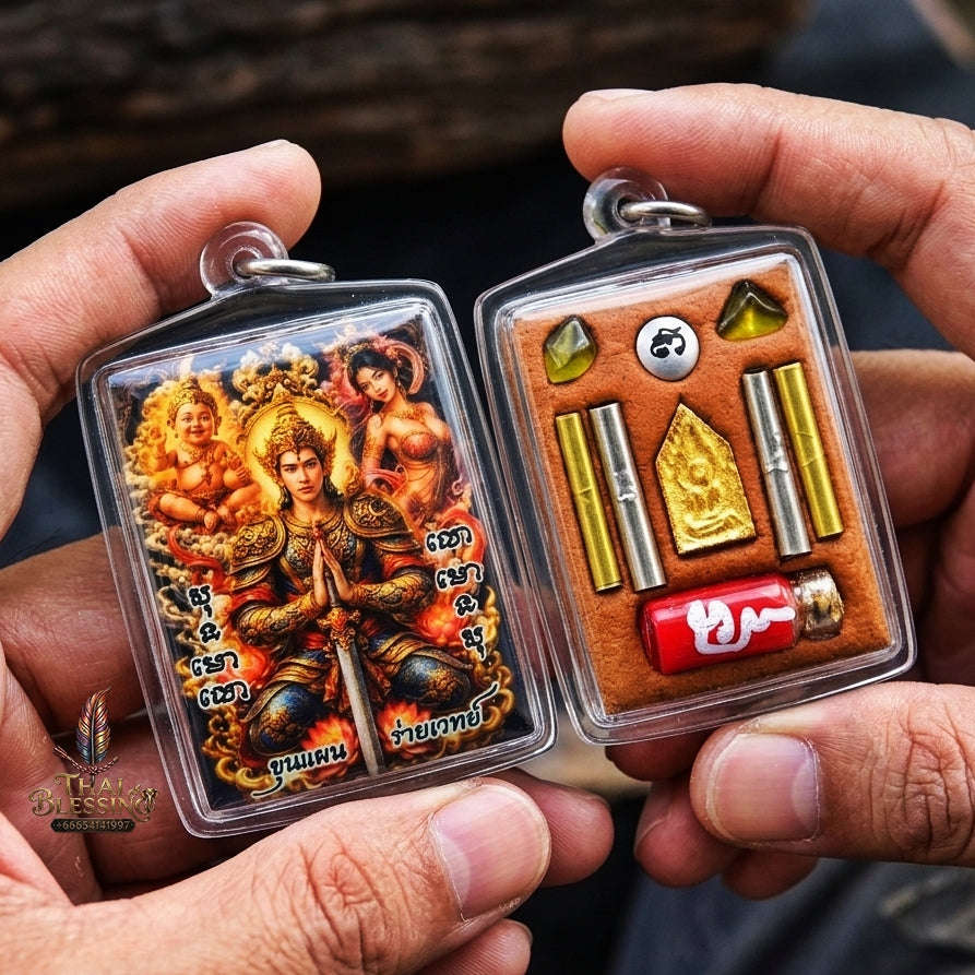 Authentic Thai Charm Locket "Khun Paen Rai Wet BE 2569" - Enamel Spellcaster Pendant with Kumanthong, Hong Phrai & 4 Takrut