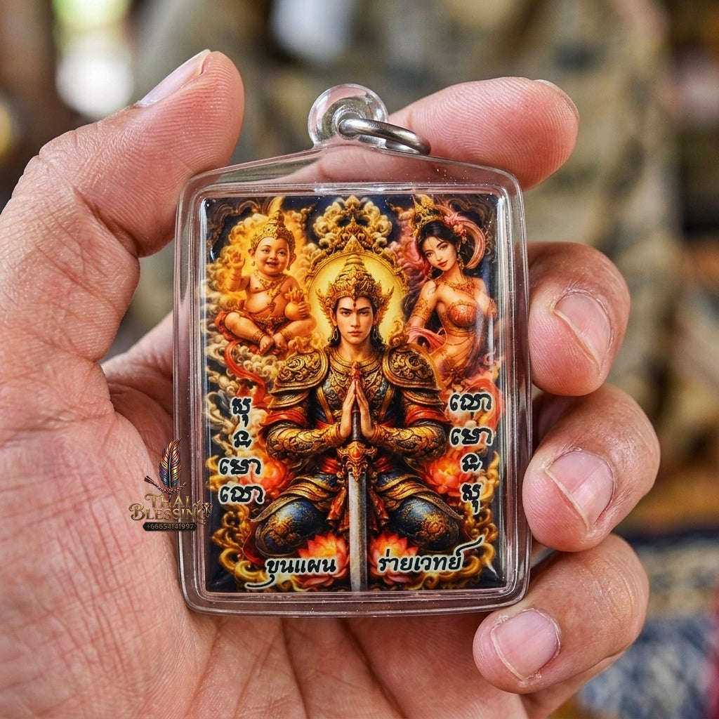 Authentic Thai Charm Locket "Khun Paen Rai Wet BE 2569" - Enamel Spellcaster Pendant with Kumanthong, Hong Phrai & 4 Takrut
