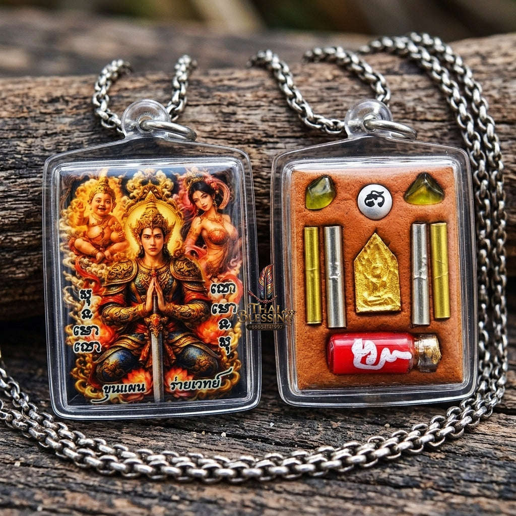 Authentic Thai Charm Locket "Khun Paen Rai Wet BE 2569" - Enamel Spellcaster Pendant with Kumanthong, Hong Phrai & 4 Takrut