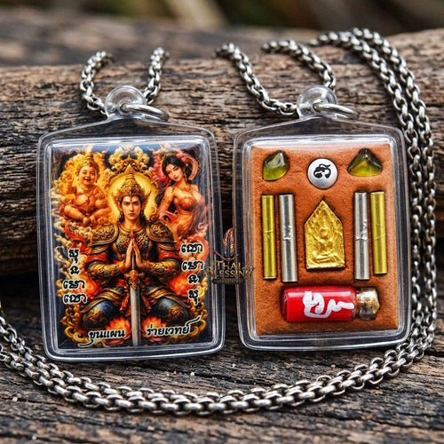 Authentic Thai Charm Locket "Khun Paen Rai Wet BE 2569" - Enamel Spellcaster Pendant with Kumanthong, Hong Phrai & 4 Takrut Thai Blessing Co By RURUECHA