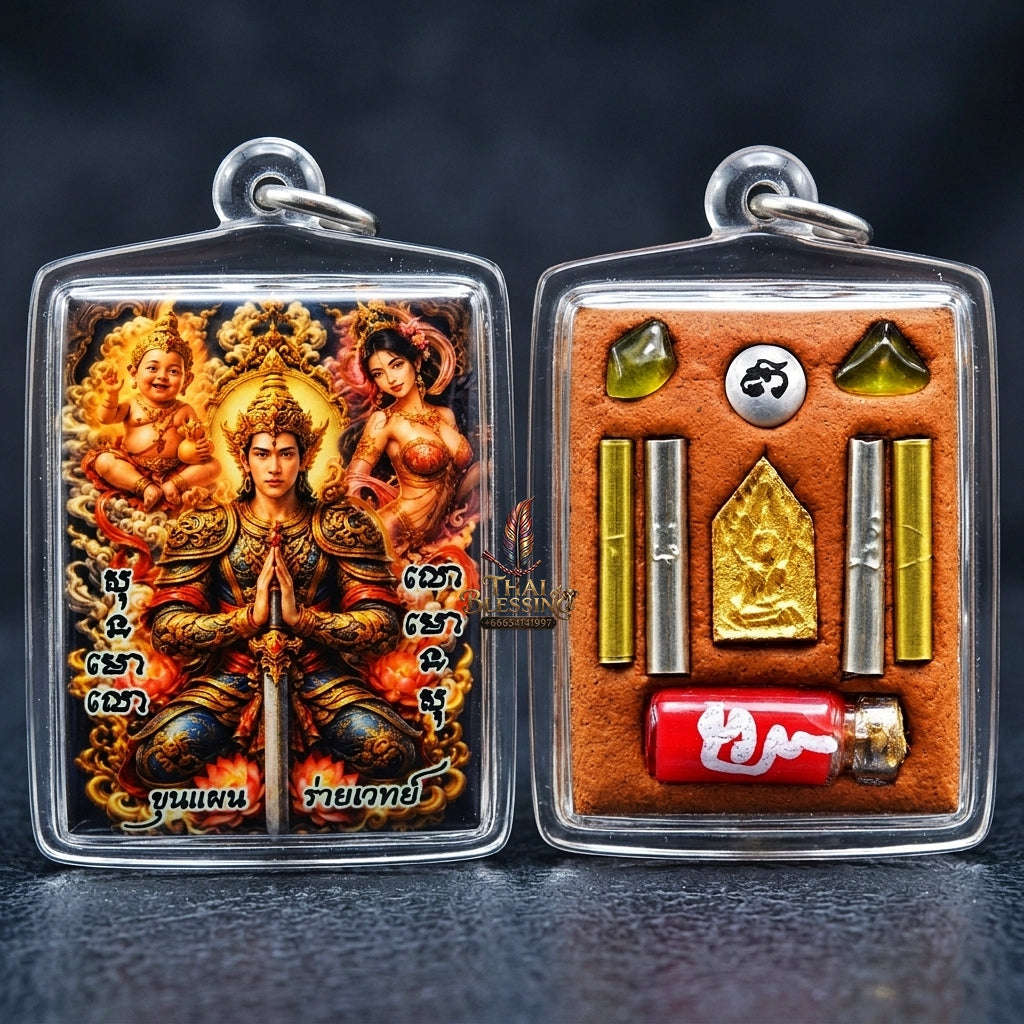 Authentic Thai Charm Locket "Khun Paen Rai Wet BE 2569" - Enamel Spellcaster Pendant with Kumanthong, Hong Phrai & 4 Takrut