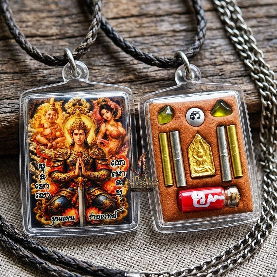Authentic Thai Charm Locket "Khun Paen Rai Wet BE 2569" - Enamel Spellcaster Pendant with Kumanthong, Hong Phrai & 4 Takrut