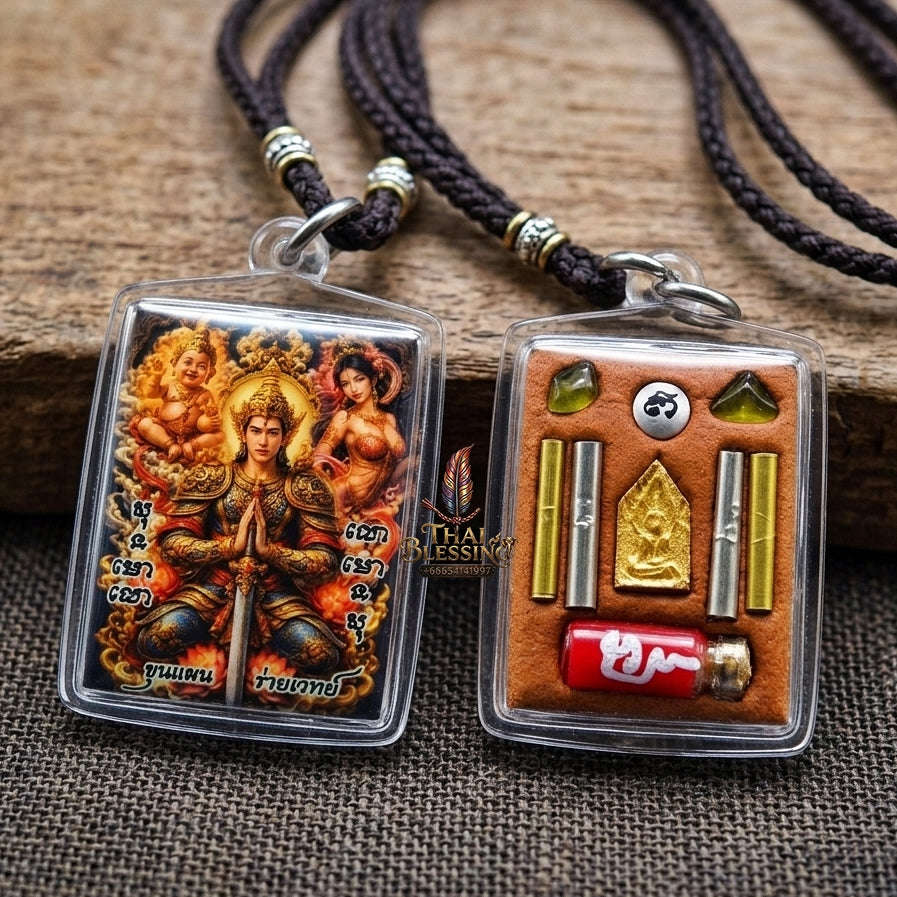 Authentic Thai Charm Locket "Khun Paen Rai Wet BE 2569" - Enamel Spellcaster Pendant with Kumanthong, Hong Phrai & 4 Takrut