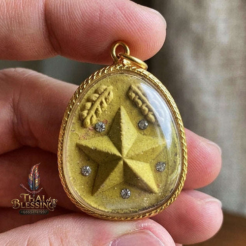 Authentic Thai Destiny Star Amulet "Dao Kham Duang BE 2562" - Golden Yellow 108 Sacred Buddha Powder & Gem-Embedded Lucky Star Talisman Thai Blessing Co By RURUECHA
