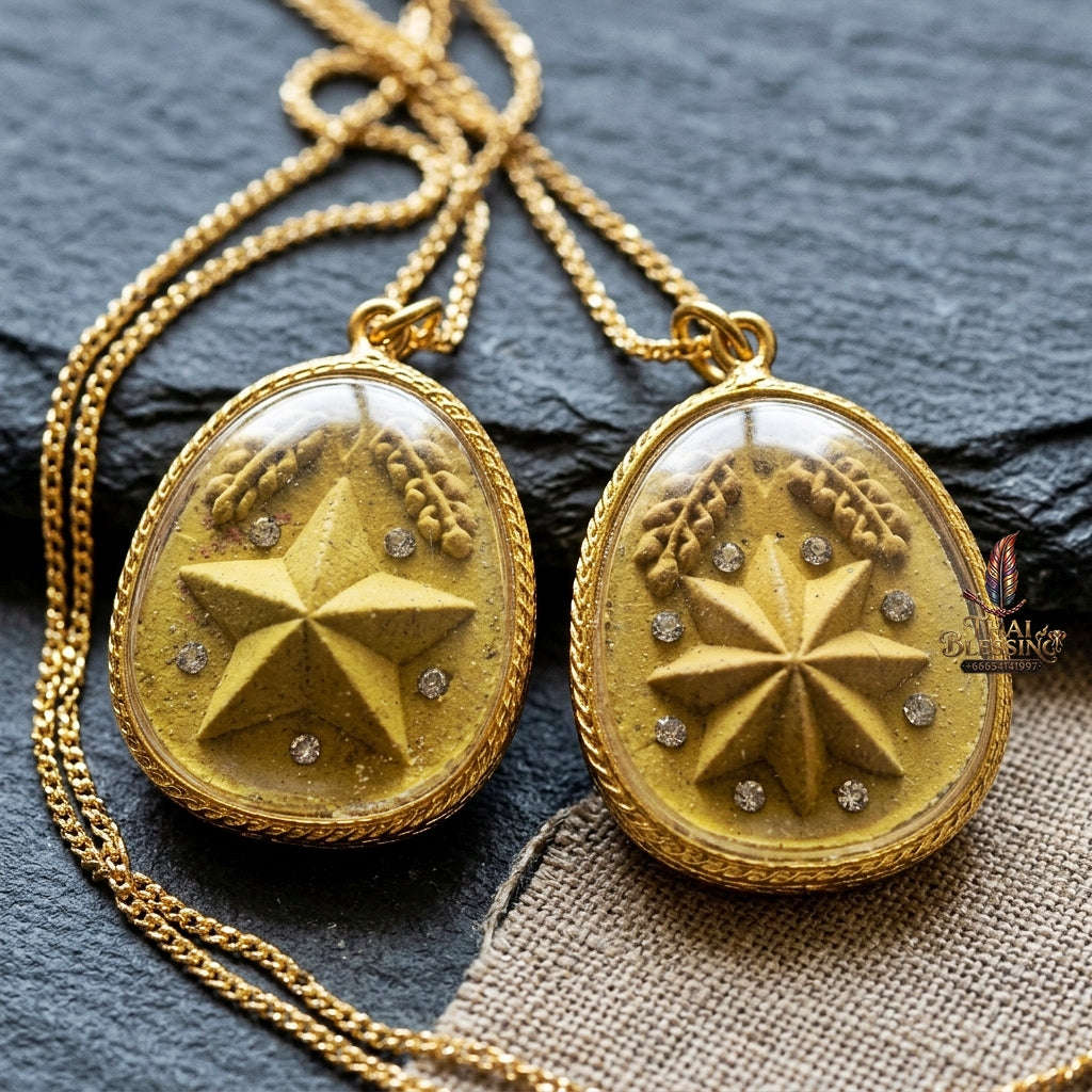 Authentic Thai Destiny Star Amulet "Dao Kham Duang BE 2562" - Golden Yellow 108 Sacred Buddha Powder & Gem-Embedded Lucky Star Talisman Thai Blessing Co By RURUECHA