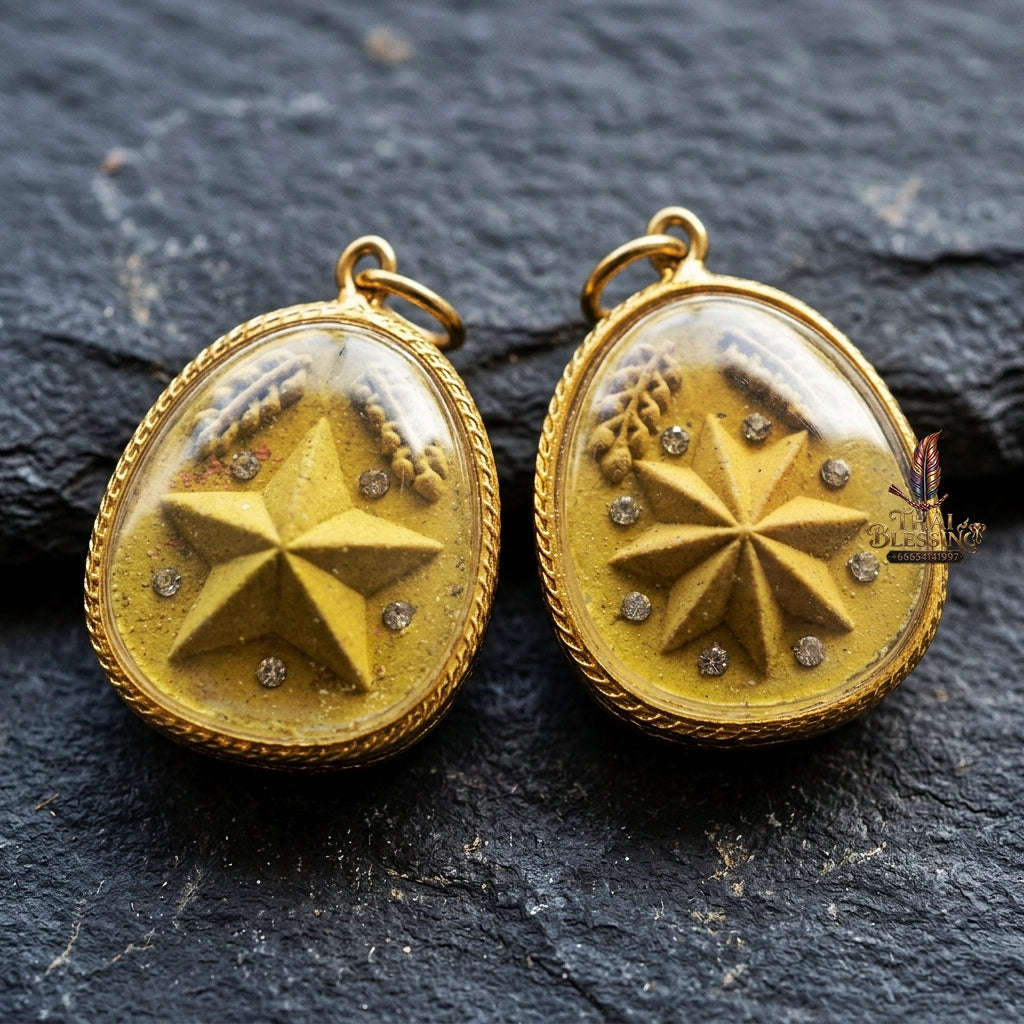 Authentic Thai Destiny Star Amulet "Dao Kham Duang BE 2562" - Golden Yellow 108 Sacred Buddha Powder & Gem-Embedded Lucky Star Talisman Thai Blessing Co By RURUECHA