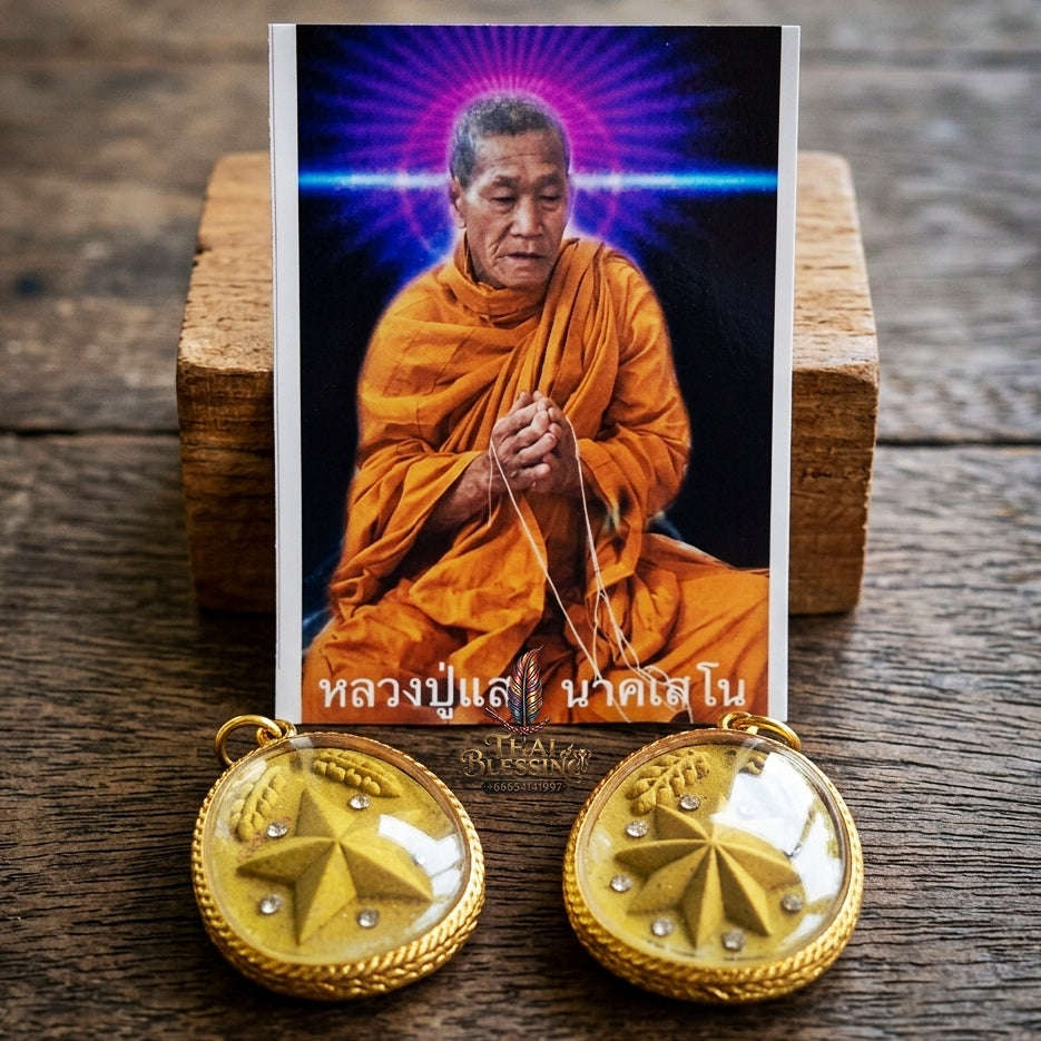 Authentic Thai Destiny Star Amulet "Dao Kham Duang BE 2562" - Golden Yellow 108 Sacred Buddha Powder & Gem-Embedded Lucky Star Talisman Thai Blessing Co By RURUECHA