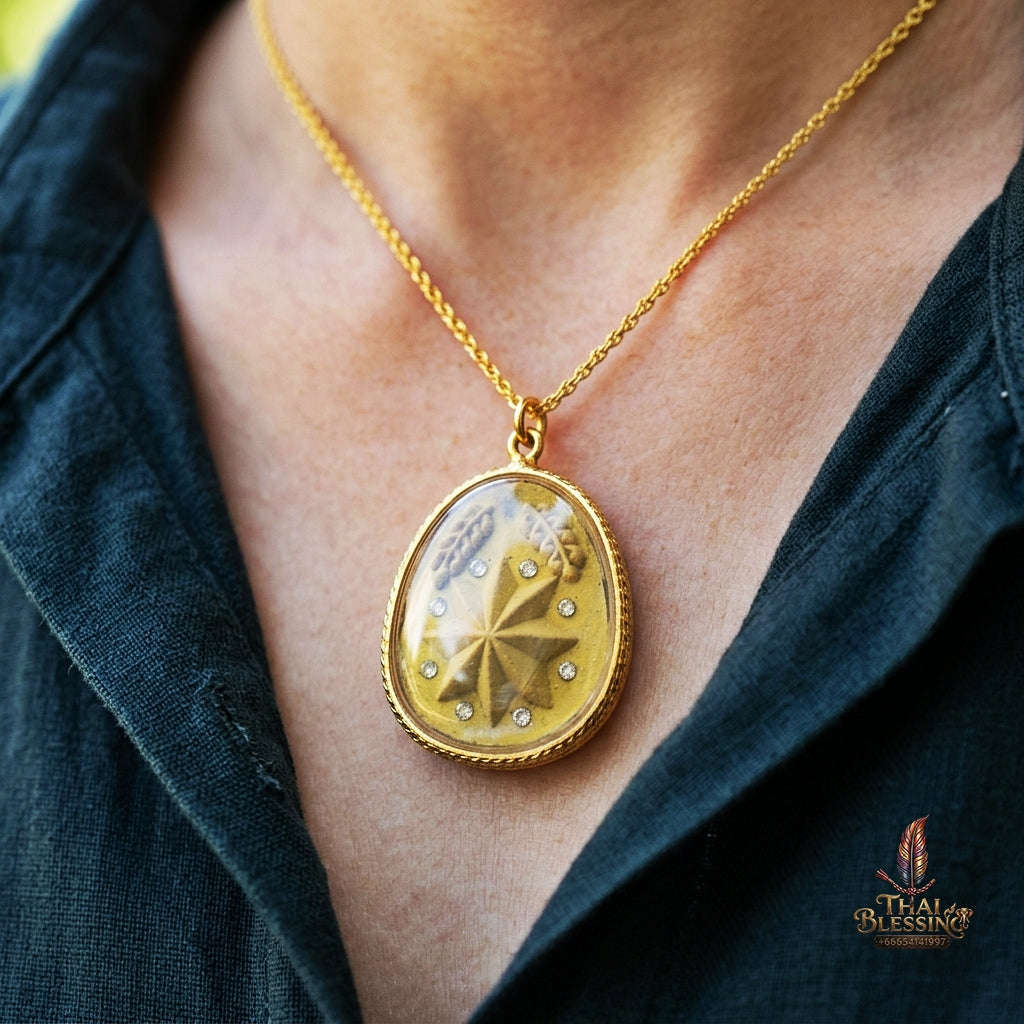 Authentic Thai Destiny Star Amulet "Dao Kham Duang BE 2562" - Golden Yellow 108 Sacred Buddha Powder & Gem-Embedded Lucky Star Talisman Thai Blessing Co By RURUECHA