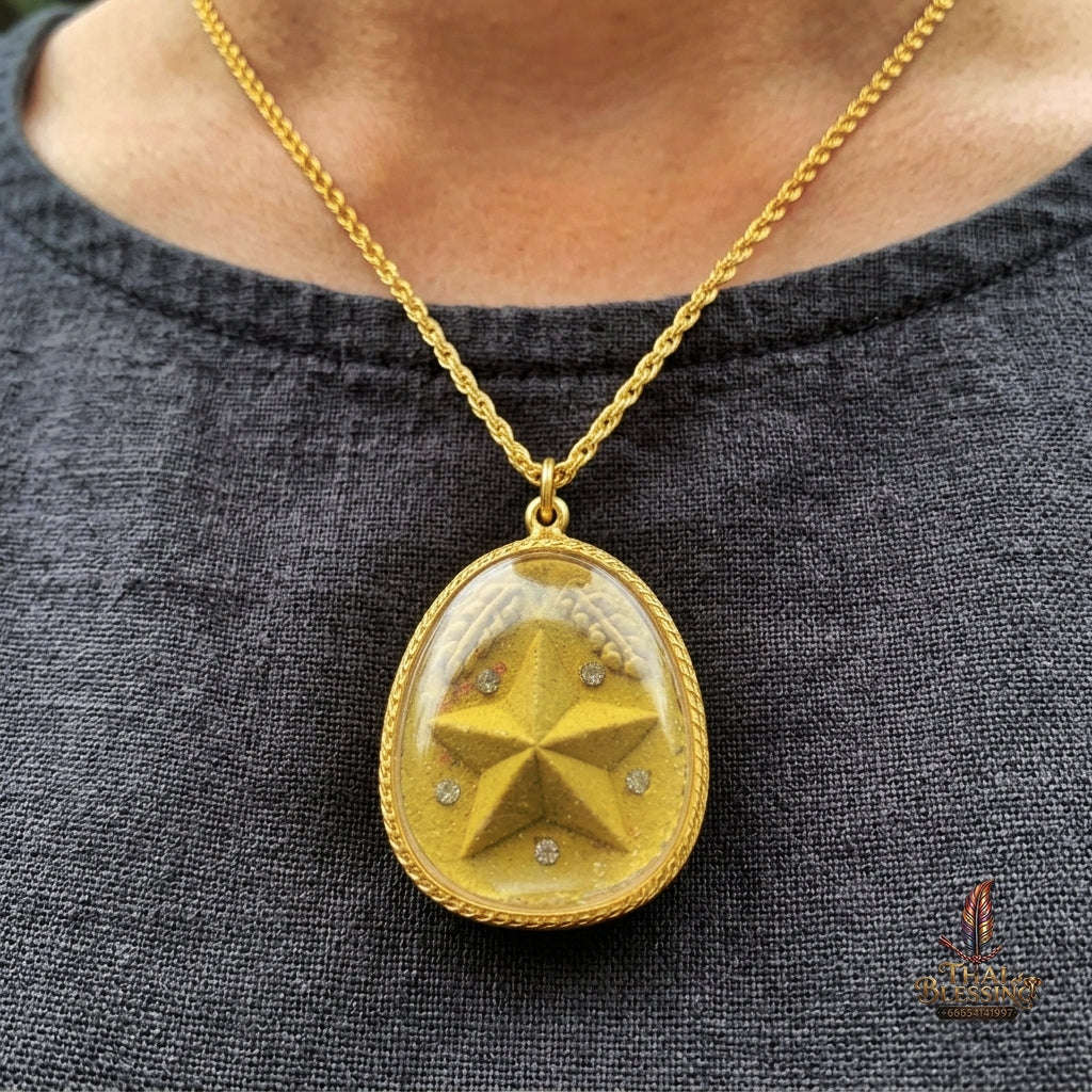 Authentic Thai Destiny Star Amulet "Dao Kham Duang BE 2562" - Golden Yellow 108 Sacred Buddha Powder & Gem-Embedded Lucky Star Talisman Thai Blessing Co By RURUECHA