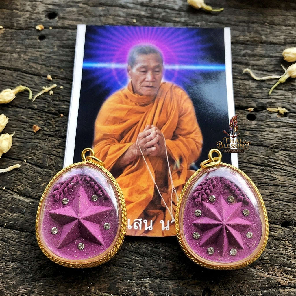 Authentic Thai Destiny Star Amulet "Dao Kham Duang BE 2562" - Purple 108 Sacred Buddha Powder & Gem-Embedded Lucky Star Talisman